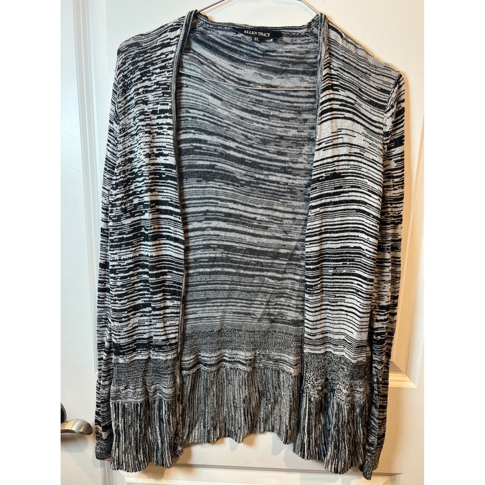 Ellen Tracy Womens Cardigan Ruffle Hem Space Dye Black White XL